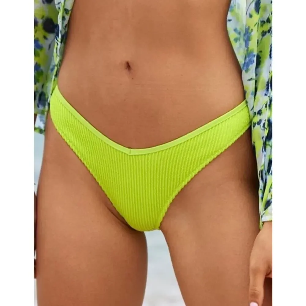 Aerie Lime Green Crinkle Voop Low Rise Cheeky UPF 50+ Bikini Bottom Size M